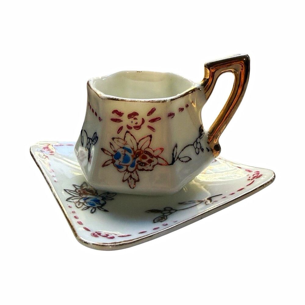 Miniature Floral Teacup & Square Saucer Gold Trim Footed Japan Cottagecore